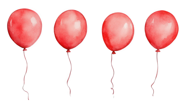 four red watercolor balloons each floating gently with thin strings creating a cheerful and festive atmosphere perfect for celebrations or artistic designs