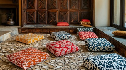 A warm traditional family living area featuring floor cushions with detailed block print designs in a variety of bright colors. Geometric jali wood panels adorn the alcove