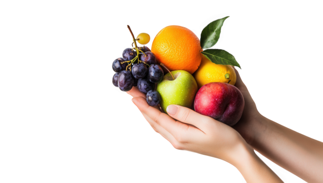 a pair of hands holds a colorful assortment of fresh fruits including grapes an orange a lemon a green apple and a red apple highlighting health and nutrition - Powered by Adobe