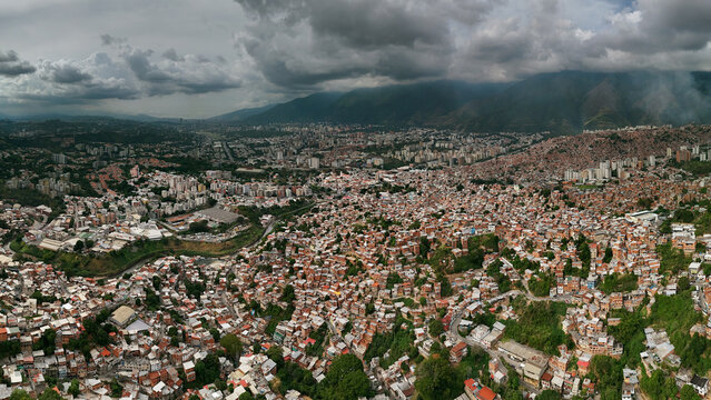 Aerial view of the Petare, in Caracas, Venezuela, surrounded of some the houses in the slum.