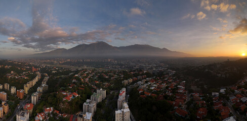 sunrise panoramic view of Caracas and the iconic mountain named Avila, Showing a wide view of Caracas City