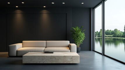 A modern minimalist living room with matte black walls and a light fabric sofa