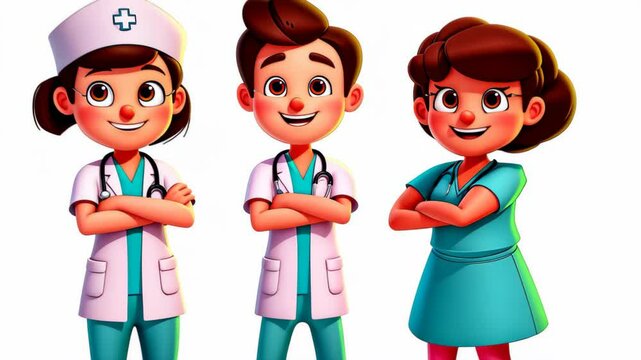 A cheerful group of 3D cartoon doctors and nurses pose together, arms crossed, in a modern flat illustration.