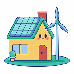 Eco-friendly home with solar panels and wind turbine sustainable living graphic illustration whimsical style