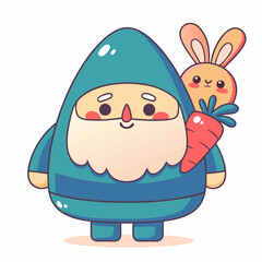 Cute cartoon gnome and bunny holding carrot whimsical art scene digital illustration playful setting adorable viewpoint