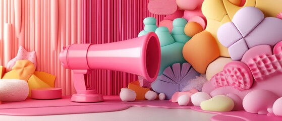 Sweet Pastel Announcement: A 3D Render of a Pink Megaphone in a Candy-Colored Landscape