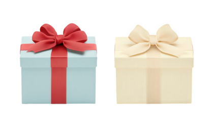 two gift boxes one in light blue with a red ribbon and the other in cream with a beige ribbon symbolizing celebration and gifting