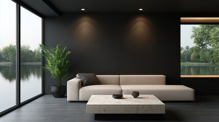 Obraz premium A modern minimalist living room with matte black walls and a light fabric sofa