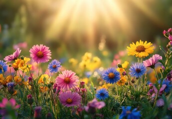 Fototapeta premium Colorful Wildflower Field Under Bright Sunlight with Radiant Flare and Soft Focus in Nature's Beautiful Blooming Landscape