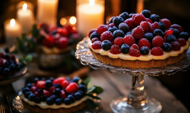 Elegant rustic dessert display with berry topped cakes at candlelit event