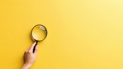   A hand holding a magnifying glass over a yellow background