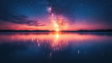 Fototapeta premium Milky Way galaxy rising over calm lake at sunset.