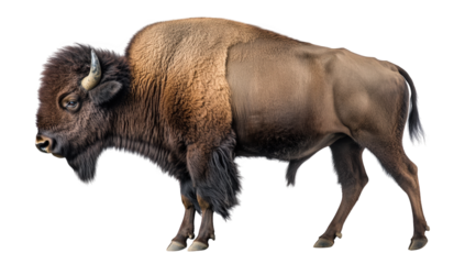 a bison standing on a white background showcasing its distinctive features and fur texture