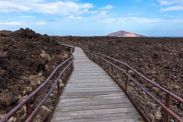 Wooden path at Timanfaya visitor center, Lanzarote island, Canarias, Spain