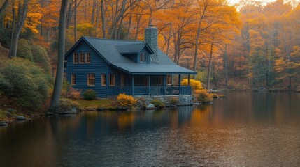 Obraz premium Tranquil autumn cabin by a lake