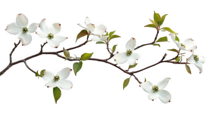 branch of white dogwood flowers with fresh green leaves showcasing the beauty of nature in a minimalist style