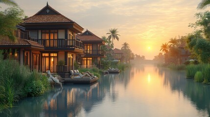 Fototapeta premium Tranquil canal-side villas at dawn