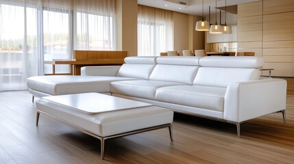 A refined modern living room featuring a white leather sofa and a minimalist coffee table