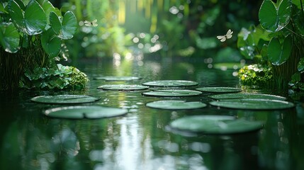 Naklejka premium Serene pond with lily pads, lush greenery, and sunlight filtering through leaves.