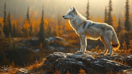 Majestic arctic wolf standing on rock at sunset, autumn forest background.