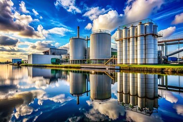 Obraz premium Industrial Plant, Cylindrical Tanks, Calm Water, Blue Sky, Refinery
