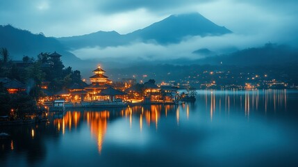 Fototapeta premium Tranquil lake town at twilight. Misty mountains, illuminated temples, serene reflections