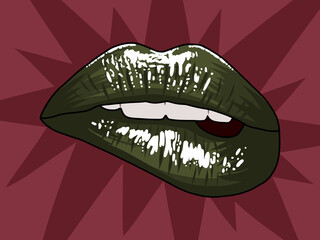 Illustrated glossy lips biting lower lip