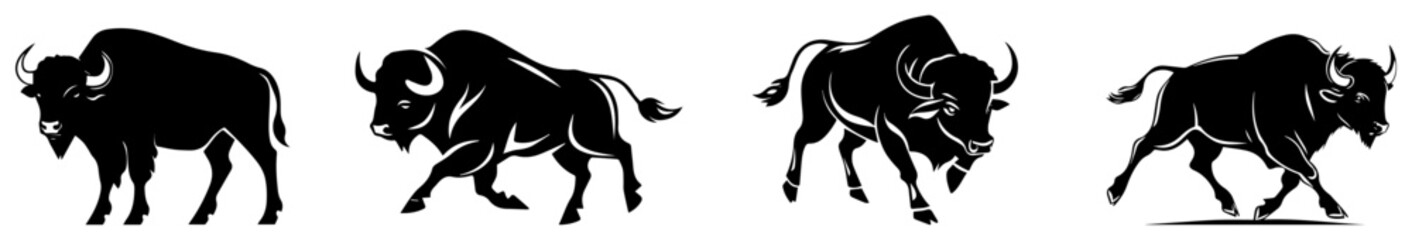 Buffalo and Bison Silhouette Set, Wild Animal Vector Illustrations