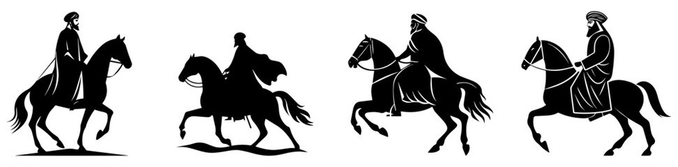Arabian Horse Rider Silhouette Vector Set, Traditional Warrior and Nomadic Equestrian Illustration
