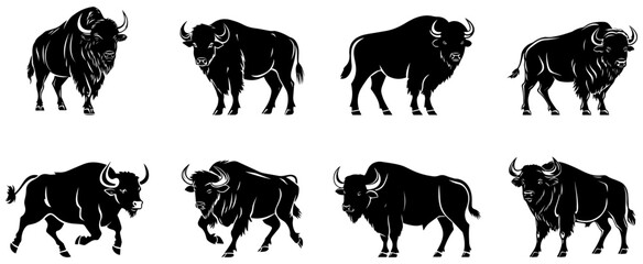 Naklejka premium Buffalo and Bison Silhouettes, Powerful Wild Animal Vector Illustrations