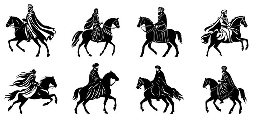 Arabian Horse Riders Silhouette Vector Set, Traditional Middle Eastern Warrior and Nomad Illustration