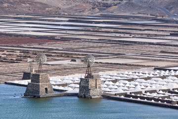 Salinas de Janubio in the south of Lanzarote, Canary Islands, Spain..