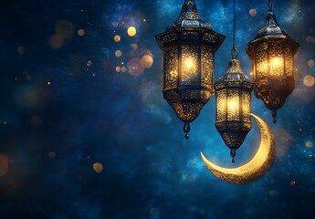 Obraz premium Three Ornate Lanterns Glowing Against a Deep Blue Backdrop with Crescent Moon and Bokeh Highlights