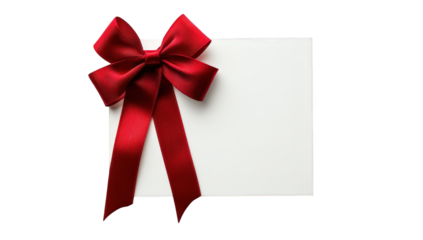 a blank white card adorned with a large elegant red bow suggesting it is a gift or invitation awaiting personalization