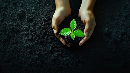 Nurturing New Life: Hands Gently Holding a Young Sprout Emerging from Rich Soil