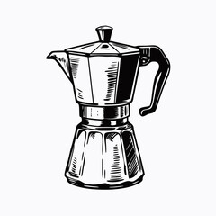 Detailed line drawing of stovetop espresso maker in vintage advertisement style. Technical illustration of Moka pot with clear structural features on white background. Concept: coffee culture, Italian