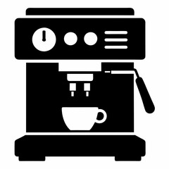 Espresso machine brewing coffee cup in black and white icon style. Simple solid-color illustration suitable for menus, websites or apps. Concept: coffee service, café business, beverage industry.