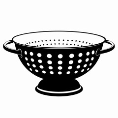 Colander with side handles and perforated body in solid black silhouette for drainage concept. Concept: kitchen supply ads, food prep visuals, cooking gear branding.