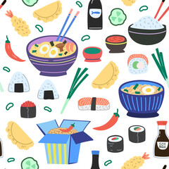 Seamless pattern with asian food, traditional Japanese and Chinese meals. Noodles, ramen, sushi and sauces. Hand-drawn colorful vector illustration.