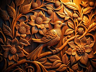 Fototapeta premium Intricate Carved Wood Panel: Night Photography of Birds & Flowers
