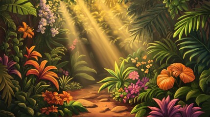 Fototapeta premium Lush Jungle Pathway with Sunlight and Colorful Tropical Foliage