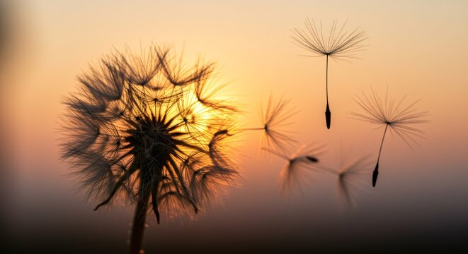 Floating dandelion seeds illuminated by golden-hour sunlight in a dreamy setting