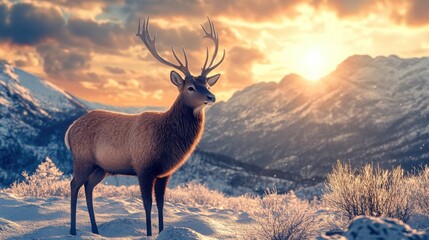 Obraz premium Majestic Deer Standing in Snowy Landscape at Sunrise with Mountains
