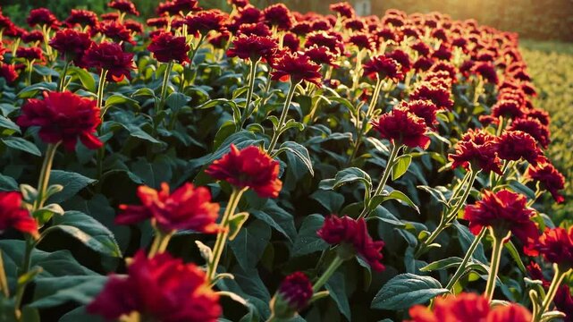 Golden sunlight bathing a vibrant zinnia field at dawn