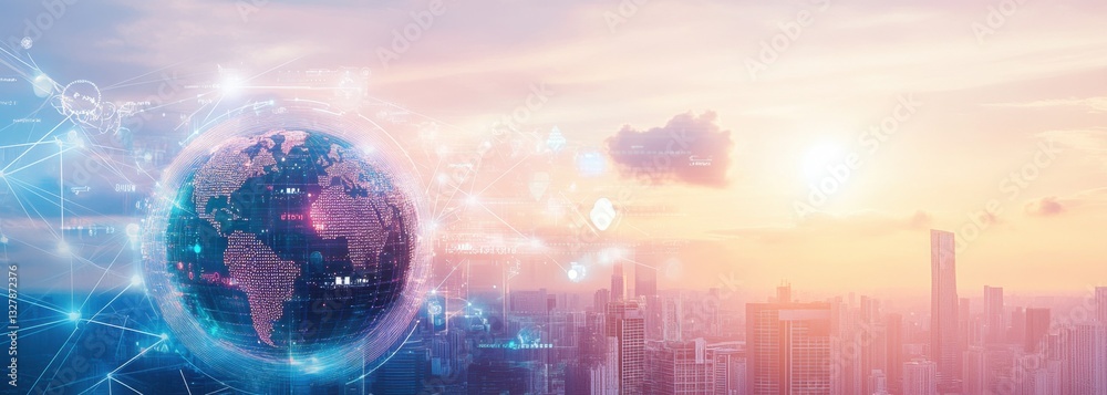 Poster a digital globe surrounded by an array of interconnected lines and icons representing global connect