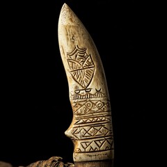 Close-up illustration of a hand-carved bone knife, sharp-edged with intricate tribal engravings, prehistoric survival tool