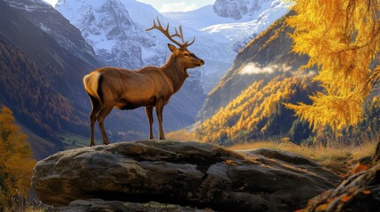 Majestic stag standing on rock in vibrant autumn landscape