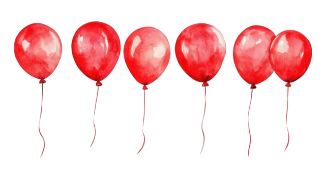 six red balloons illustrated in a watercolor style each with a string creating a festive and cheerful atmosphere
