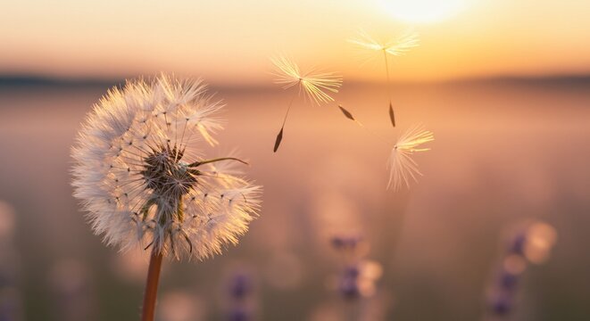 Floating dandelion seeds illuminated by golden-hour sunlight in a dreamy setting