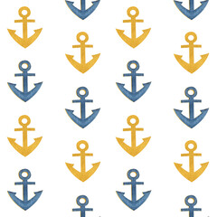 Anchor blue gold watercolor seamless pattern isolated on white. Hand painted art perfect for cards, wrapping paper, toy packaging, tickets, stationary, travel, voyage design. Monochromatic clip art